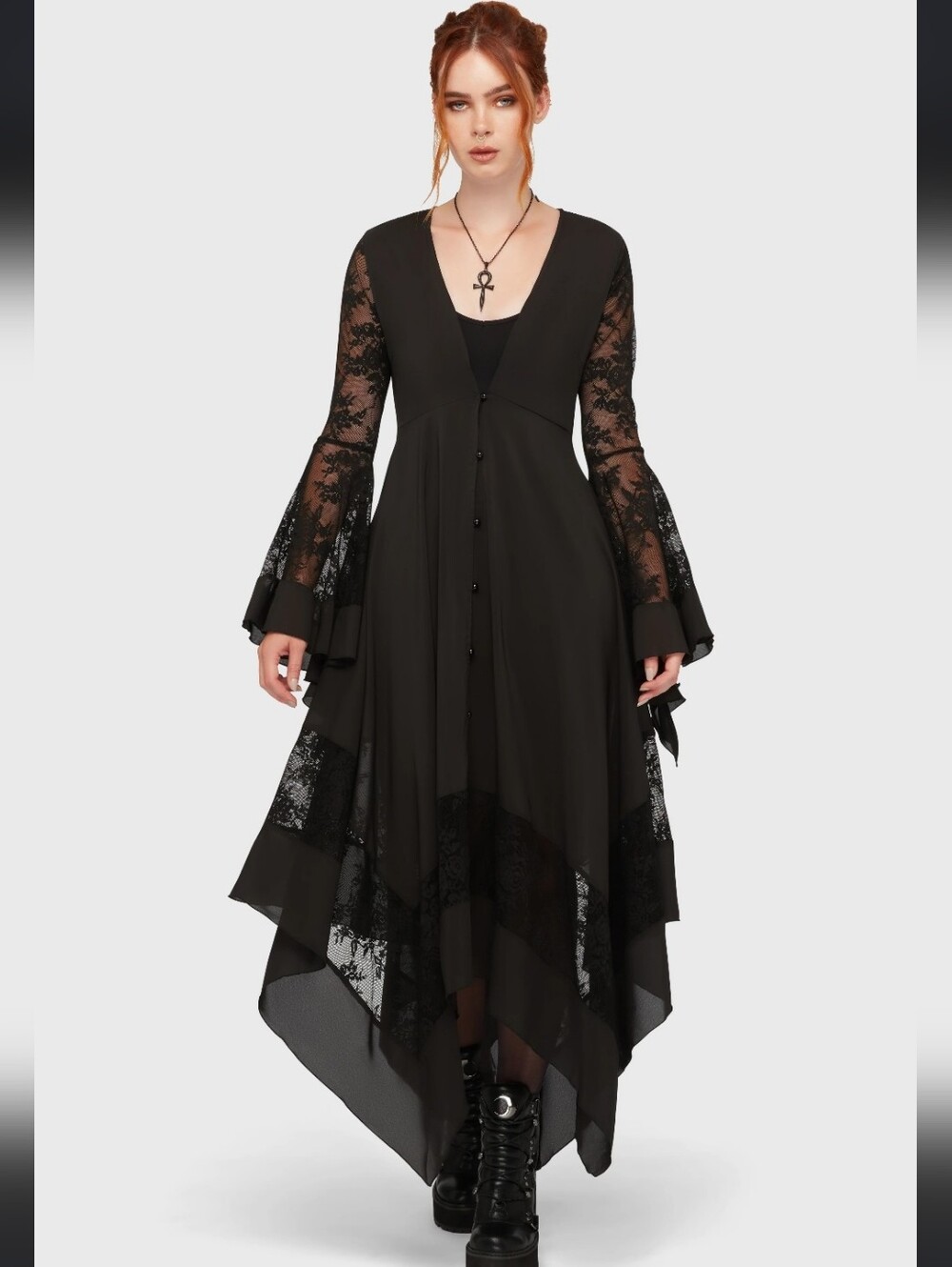 Killstar Black Lace Maxi Dress with Fluted Sleeves - Picture 2 of 5
